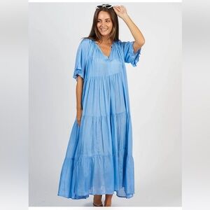 Naudic Amisha Short Sleeve Maxi Dress in Cornflower Blue Ruffle Tiered Small